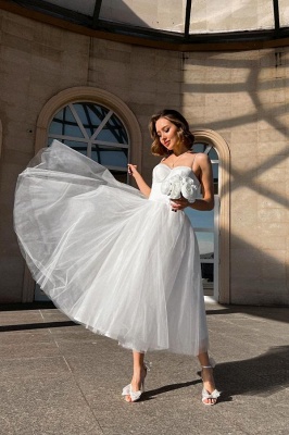 Spaghetti Straps White Aline Wedding Dress Ankle Length Tulle Garden Bridal Dress_1
