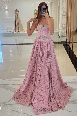Stunning Spaghetti Straps Lace Long Evening Dress Sweetheart Beadings Aline Prom Dress_3