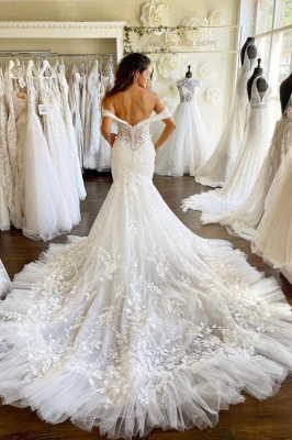 Свадебное платье с открытыми плечами и русалкой, свадебное платье из тюля с кружевными аппликациями_2