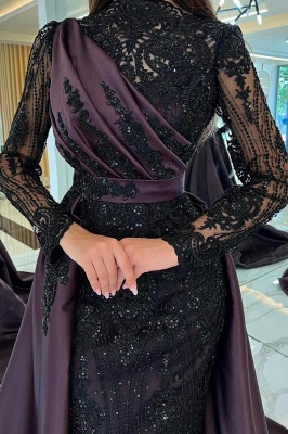 Amazing Long Sleeves Satin Mermaid Prom Dress Black Sequins Long Evening Dress with Sweep Train_4