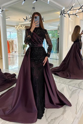 Amazing Long Sleeves Satin Mermaid Prom Dress Black Sequins Long Evening Dress with Sweep Train_3