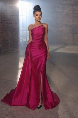 Rose Ruched Satin Side Split Evening Dress Strapless Long Prom Dress