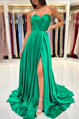 Strapless green a-line prom dress with high split_4