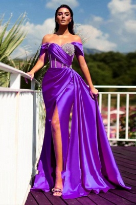 Stunning Off-the-Shoulder Satin Side Split Prom Dress Glitter Crystals Evening Party Dress_5