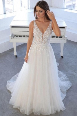 Пляжное летнее белое свадебное платье из тюля с V-образным вырезом_1
