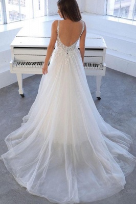Пляжное летнее белое свадебное платье из тюля с V-образным вырезом_2