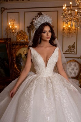 Luxury white sweetheart ball gown lace wedding dress_3