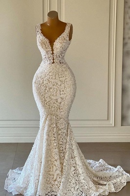 Свадебное платье Русалка с глубоким V-образным вырезом без рукавов и цветочным кружевом_1