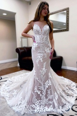 Sweetheart White Lace mermaid wedding dress with court train_1