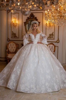 Long sleeves ball gown v-neck pricess wedding dress