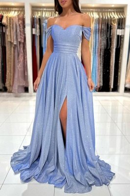 Off the shoulder blue split front prom dress with overskirt_1