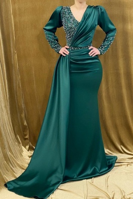 Elegante vestido de fiesta de sirena verde oscuro con cuello en V y manga larga_1