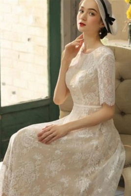 Exquisite Half Sleeves Lace Tea Length Jewel Sheath Wedding Dress_5