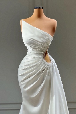 One shoulder Pearls Sleeveless keywhole White Prom dresses_2