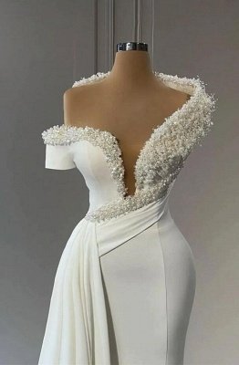 Белое платье для выпускного вечера с короткими рукавами и v-образным вырезом на одно плечо_2