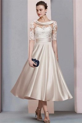 Elegant Ivory Jewel Lace Beading A-Line Tea Length Satin Wedding Dress Formal Dress_1