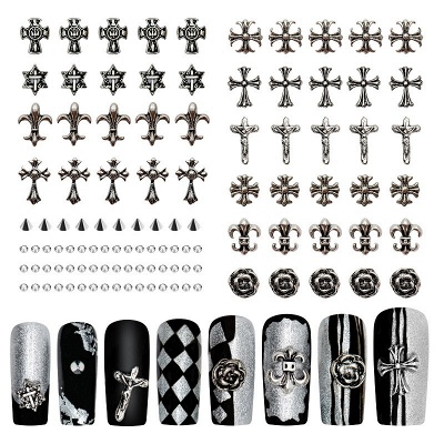 Spaidoon Chrome Hearts Nail Charms, 3D Silver Metal Cross Punk Nail Charms for Acrylique Nail Art Decoration, Nail Bling Rhinestones and Flower Charms with Rhinestone Glue