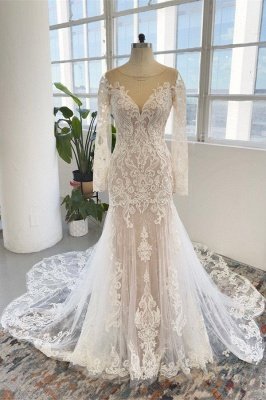 Очаровательное свадебное платье русалки с длинными рукавами с драгоценными камнями_1