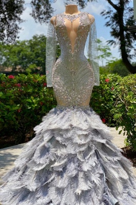 Fabulous Grey Sequined Beading Feather Mermaid Long Sleeves Tulle Prom Dress_1
