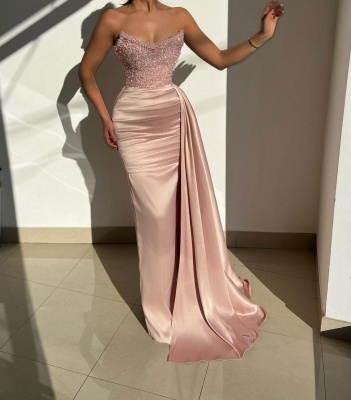 Charming Pink Strapless Sequined Satin Prom Dress with Ruffles_3