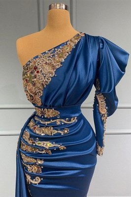 فستان حفلة موسيقية ساتان ممتد بكتف واحد غير متماثل باللون الأزرق الملكي مع زينة_2