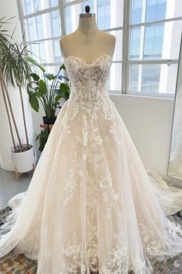 Sleeveless Floor Length Garden Strapless Tulle Lace Wedding Dress with Appliques_1
