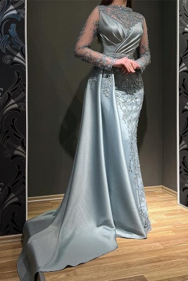 Lindo vestido de formatura cinza mangas compridas joia sereia elástico de cetim com apliques