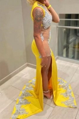 Fabuloso vestido de fiesta de sirena hasta el suelo con joya amarilla hasta el suelo_2