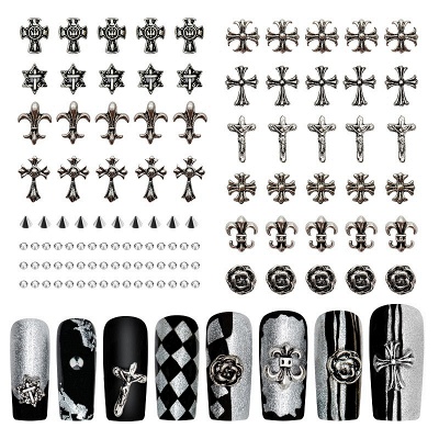 Spaidoon Chrome Hearts Nail Charms, 3D Silver Metal Cross Punk Nail Charms for Acrylic Nail Art Decoration, Nail Bling Rhinestones and Flower Charms with Rhinestone Glue