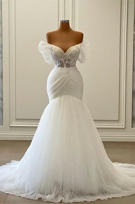 Superbe robe de mariée sirène sans manches sans bretelles à épaules dénudées