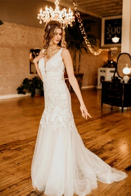 Elegant Sleeveless Straps V-neck A-Line Tulle Wedding Dress with Ruffles_1
