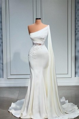 Белое асимметричное платье выпускного вечера из эластичного атласа с русалкой на одно плечо_1