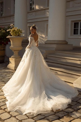Sweetheart A-line Long Sleeves Tulle Wedding Dress with Chapel Train_2