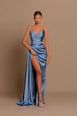 Dusty blue sweetheart Mermaid high split floor length sleeveless prom dresses_2