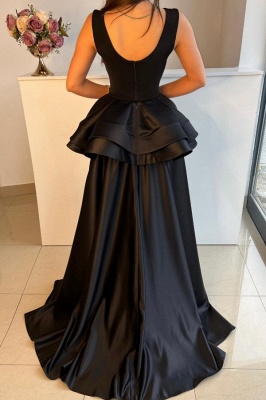Black Bateau Sleeveless Tiered Floor Length Prom Dress_3
