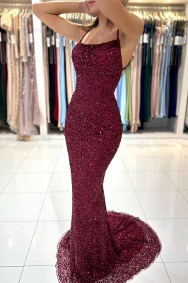 Elegant Sequined Burgundy Spaghetti Straps Mermaid  Floor Length Prom Dress_3