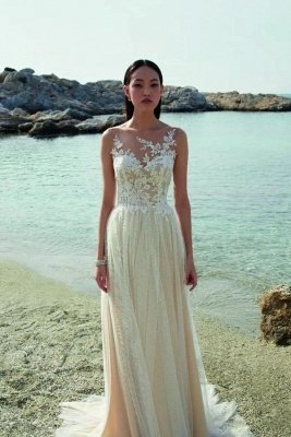 Vestido de noiva elegante sem mangas coluna de renda marfim