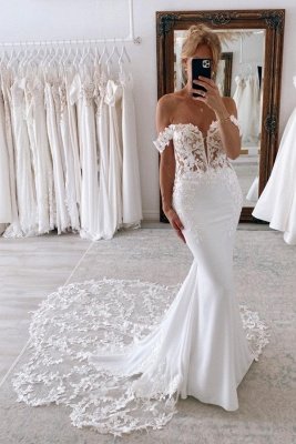 Elegant Floor Length Sweetheart Sleeveless Off-The-Shoulder Mermaid  Lace Wedding Dress with Chapel Train