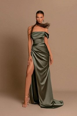 Элегантное платье выпускного вечера из стрейч-атласа с открытыми плечами на одно плечо и разрезом по бокам длиной до пола_2