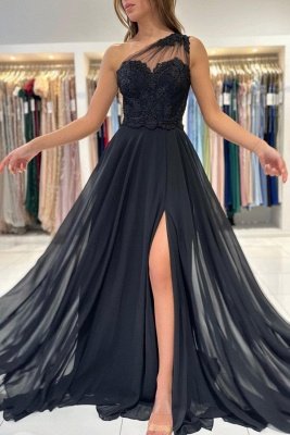 Black One Shoulder Front-Slit Chiffon Prom Dress with Ruffles_1