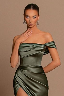 Элегантное платье выпускного вечера из стрейч-атласа с открытыми плечами на одно плечо и разрезом по бокам длиной до пола_7