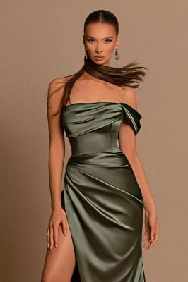 Элегантное платье выпускного вечера из стрейч-атласа с открытыми плечами на одно плечо и разрезом по бокам длиной до пола_4