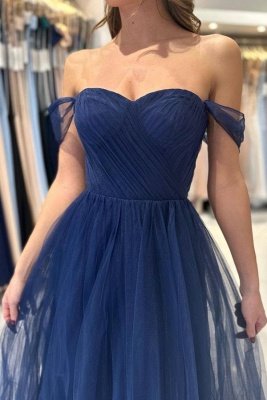 Encantador vestido de formatura azul real ombro a ombro comprimento A linha tule longo_4