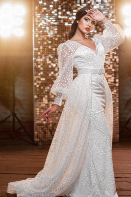 Charming Long Sleeves V-Neck Mermaid Tulle Wedding Dress_1