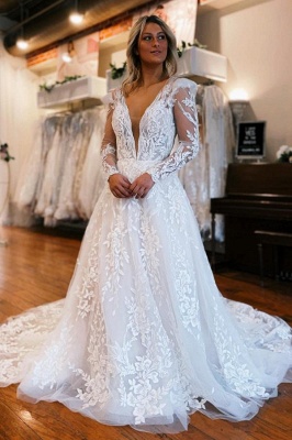 Wunderschönes Brautkleid in A-Linie mit V-Ausschnitt, langen Ärmeln und Rüschen_2
