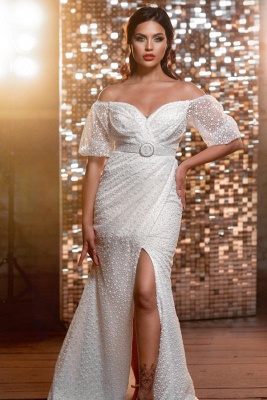 Charming Long Sleeves V-Neck Mermaid Tulle Wedding Dress_2