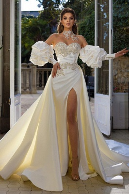 Floral Sleeves Strapless Sweetheart Floor Length Wedding Dress with Applique