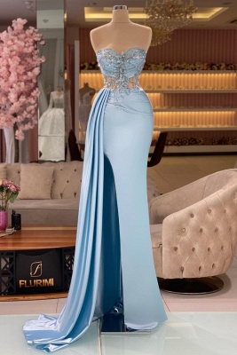 Изысканное небесно-голубое платье для выпускного вечера без бретелек в пол с разрезом спереди_1