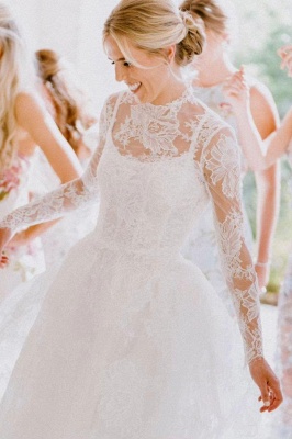 Long sleeves Illusion neck lace tulle wedding dress_1
