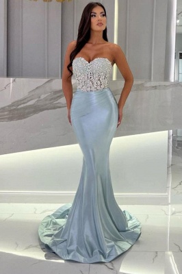 Skyblue Floor Length Strapless Beaded Mermaid Prom Party Dress_1